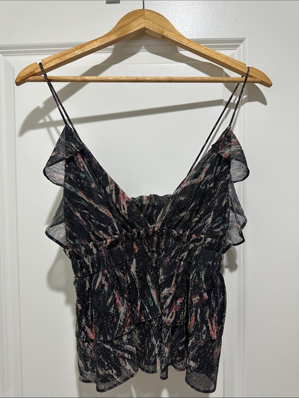 IRO Villars Tiered Ruffled Printed Lurex Camisole in Multico Black